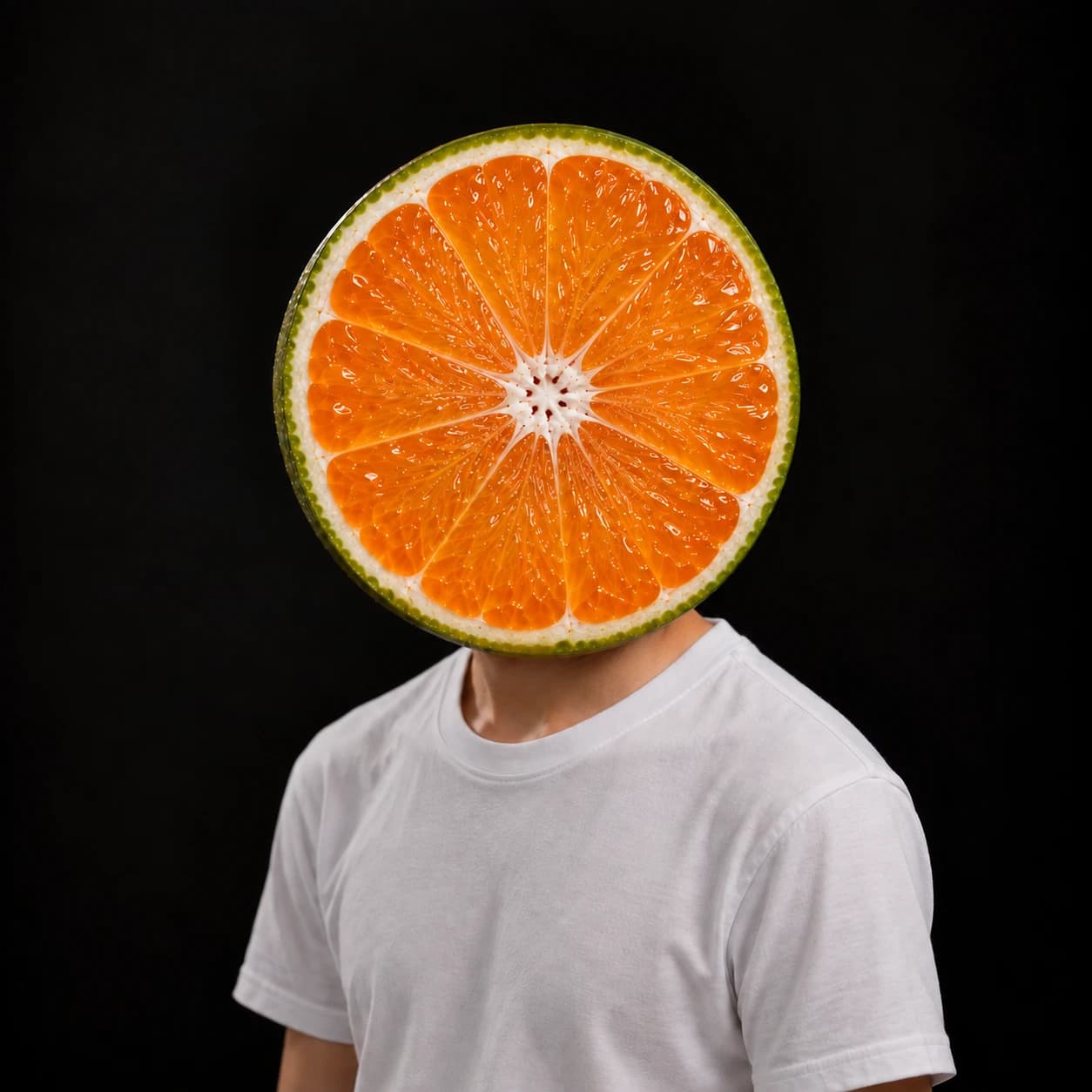 A figure in a plain white t-shirt, body turned slightly aside, whose head is a cut dalandan facing the camera in cross section, against a black background