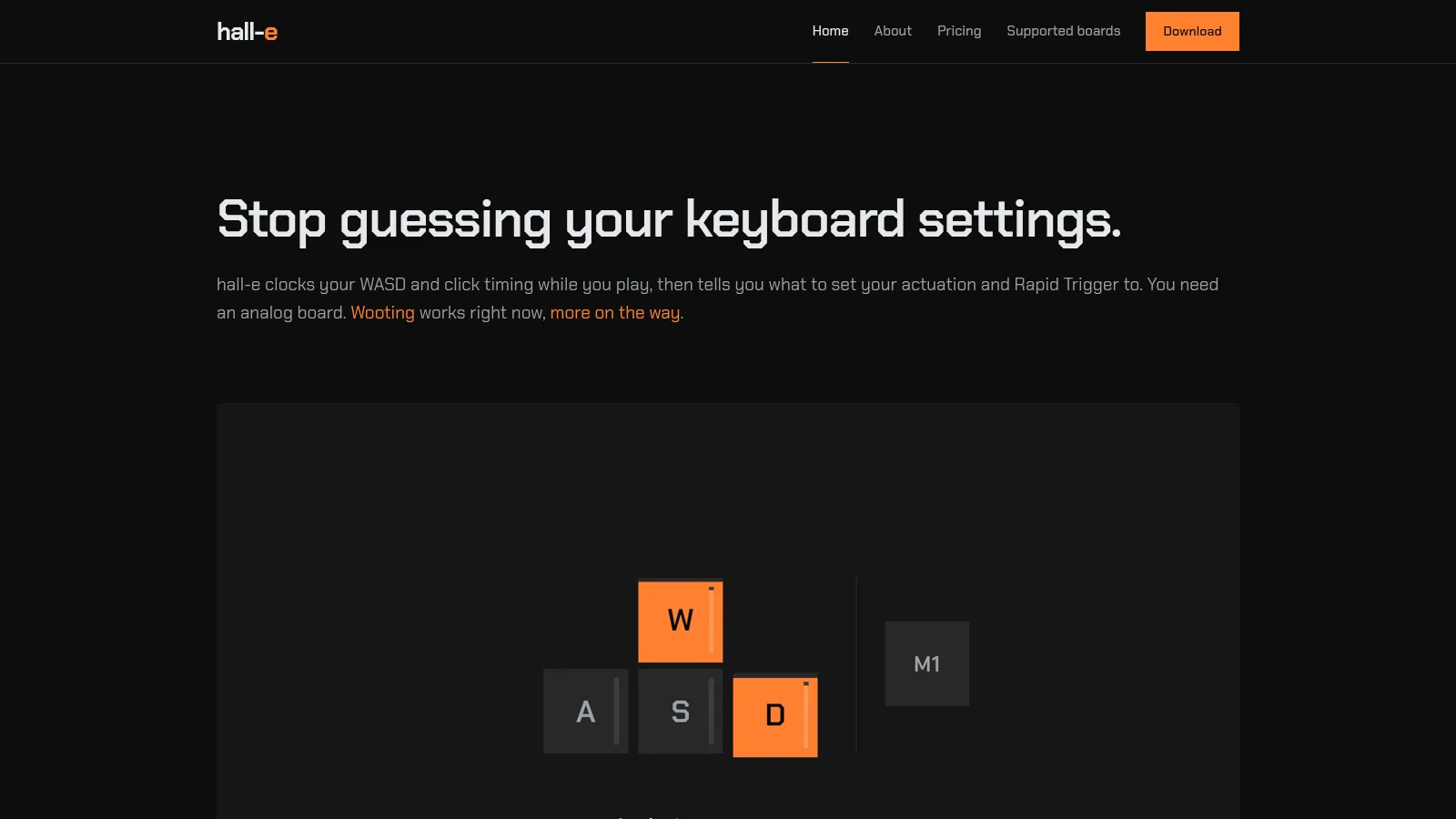 The hall-e homepage: Stop guessing your keyboard settings, above its demo analysing WASD key presses