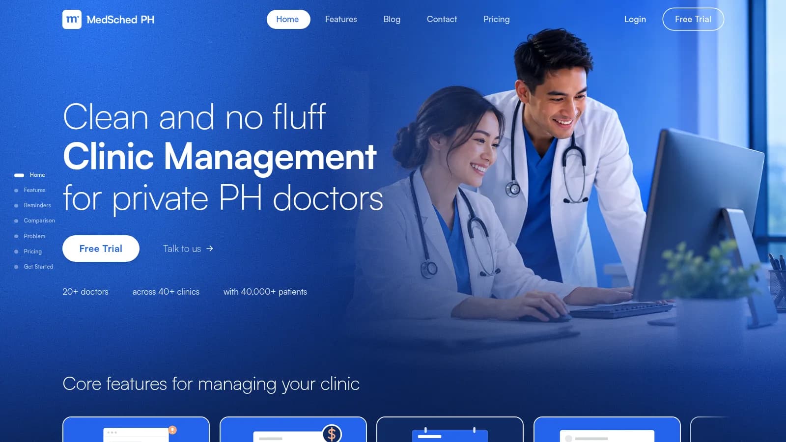 The MedSched PH homepage: Clean and no fluff clinic management for private PH doctors, beside a photo of two doctors at a computer